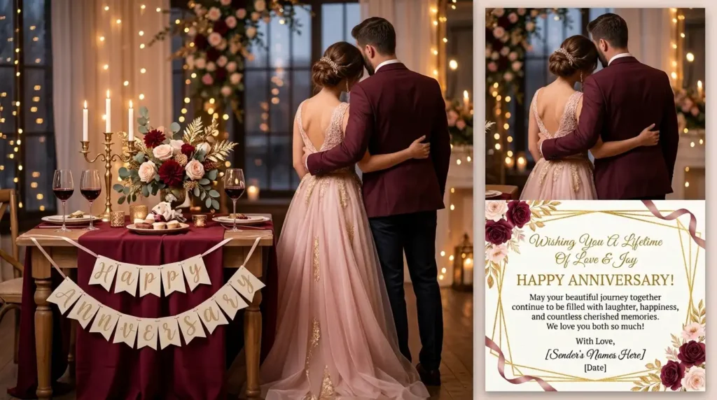 Couple embracing at candlelit table representing long anniversary love messages for her
