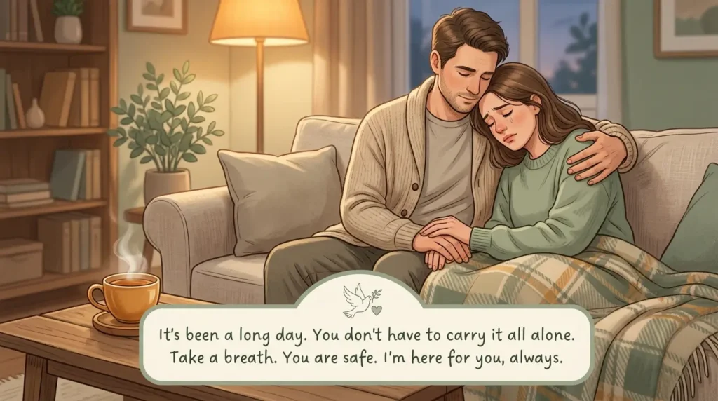 Man comforting woman on couch depicting comforting love messages for hard days