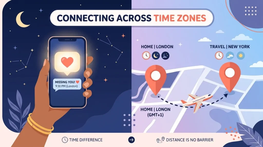 Phone and map icons show a long-distance boyfriend staying close