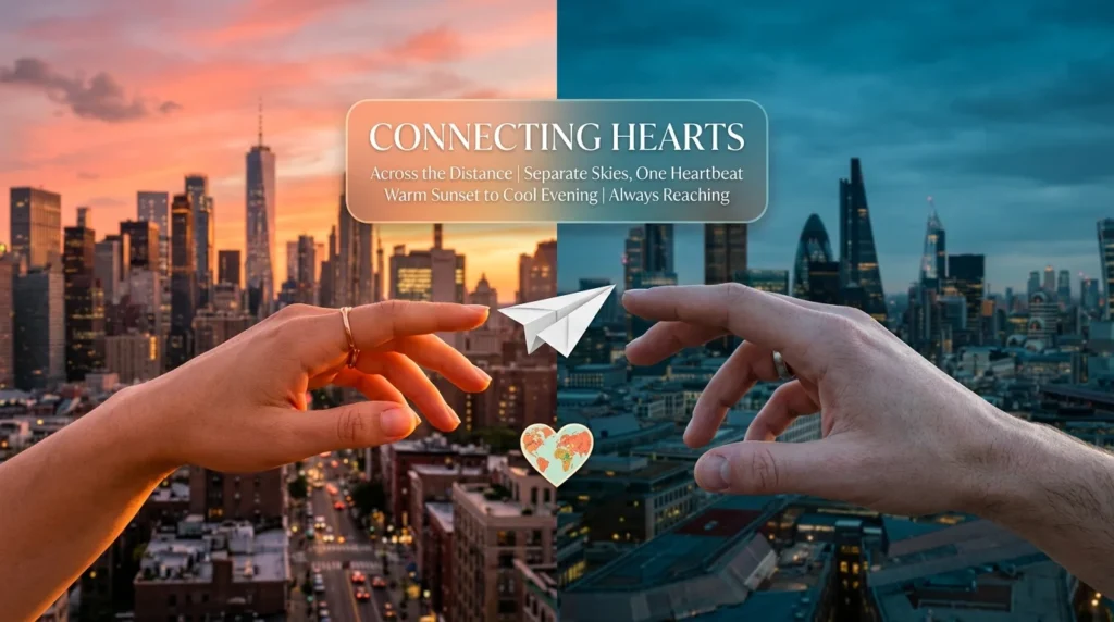 Hands reaching across skylines in long-distance crazy love message design