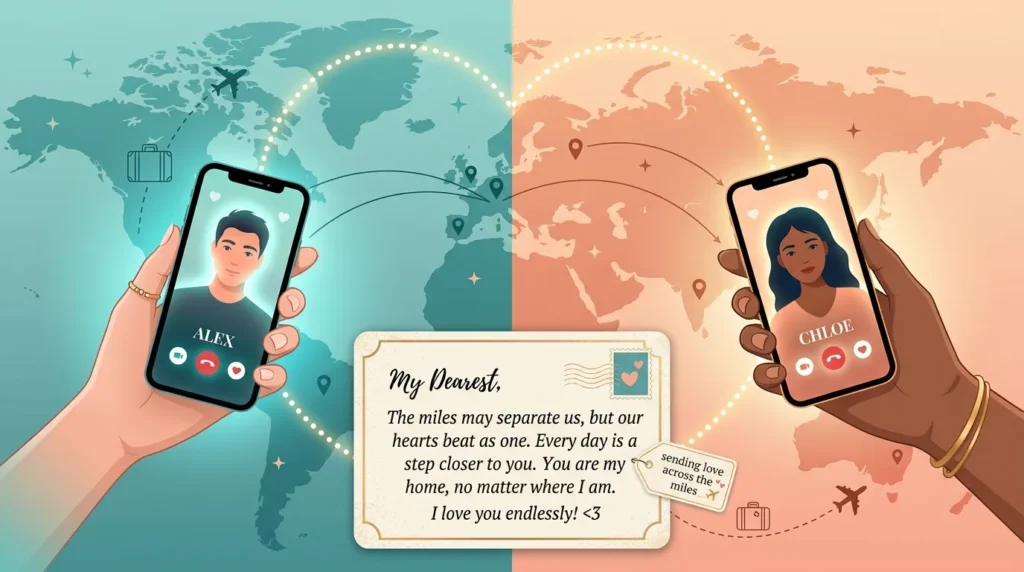 Two hands with phones connected by heart line showing long-distance love messages