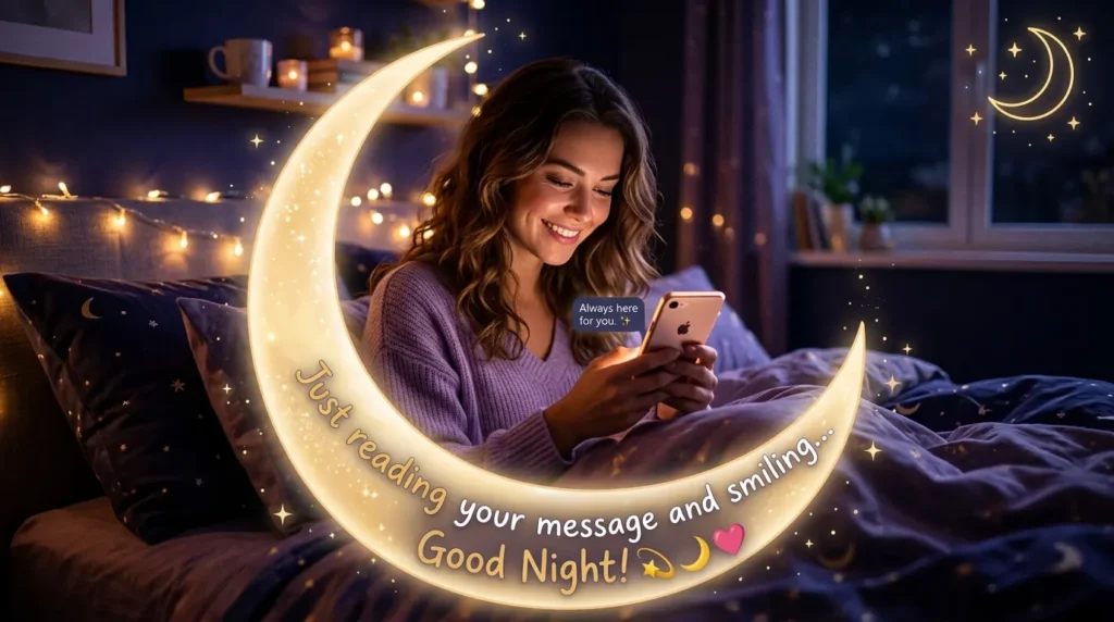 Woman smiling at phone in bed depicting long goodnight love messages for her