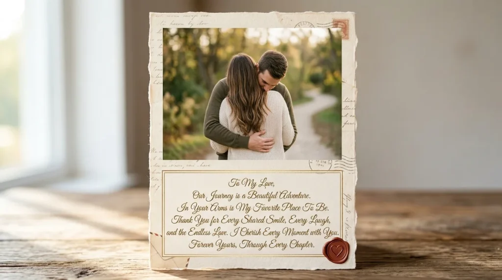 Couple embracing in long heartfelt crazy love message keepsake design