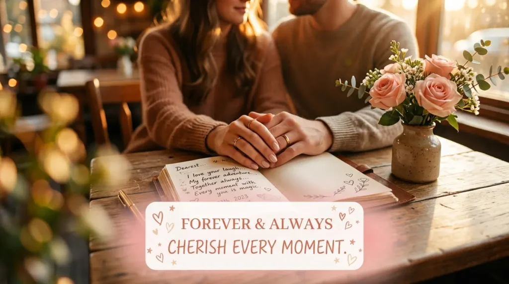 Couple holding hands over journal illustrating long love messages for her girlfriend