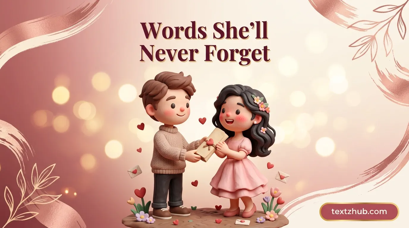 A couple sharing long love messages for her surrounded by hearts and golden bokeh.
