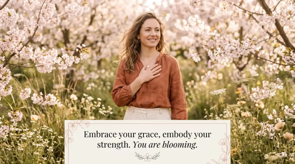 Radiant woman among blossoms illustrating messages appreciating her strength and beauty