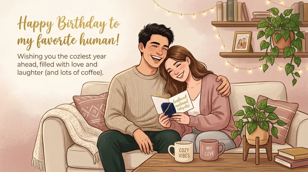 Couple laughing together over long-term boyfriend husband-material funny birthday messages card.