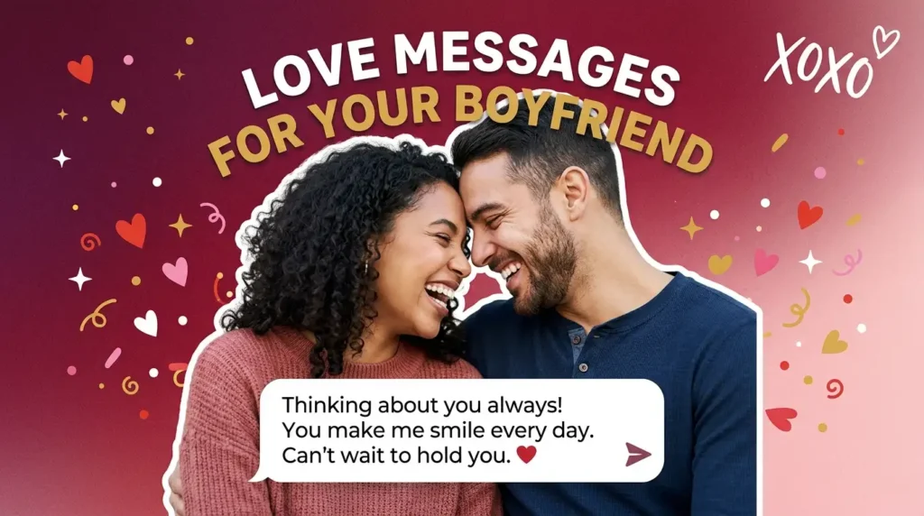 Laughing couple with hearts representing love messages for your boyfriend