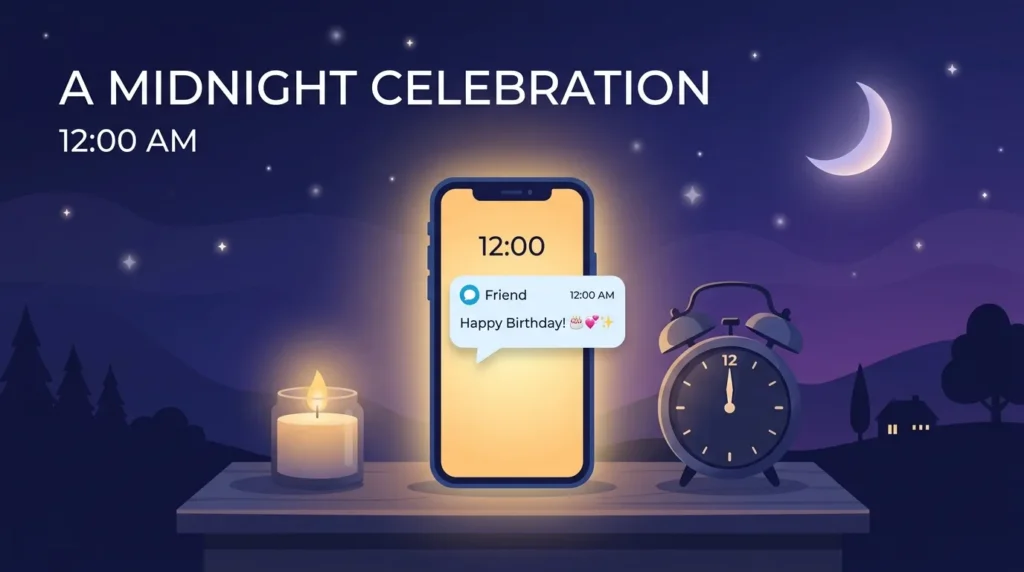 Glowing phone at midnight sending the first birthday text message