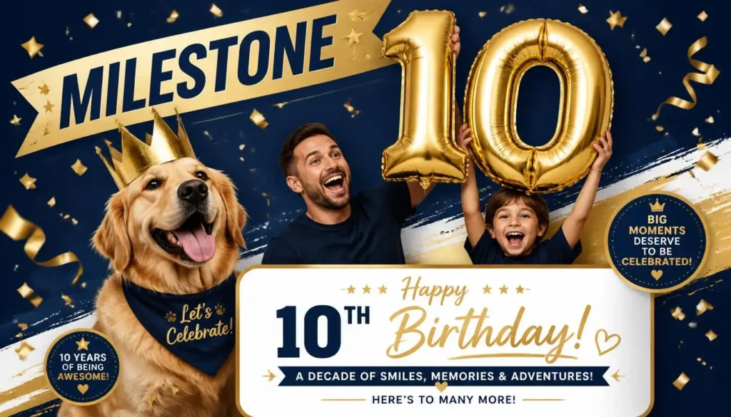 Family holding balloon number beside crowned dog, milestone birthday caption