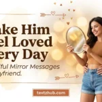 Romantic couple sharing mirror messages for boyfriend in a warm golden intimate moment.
