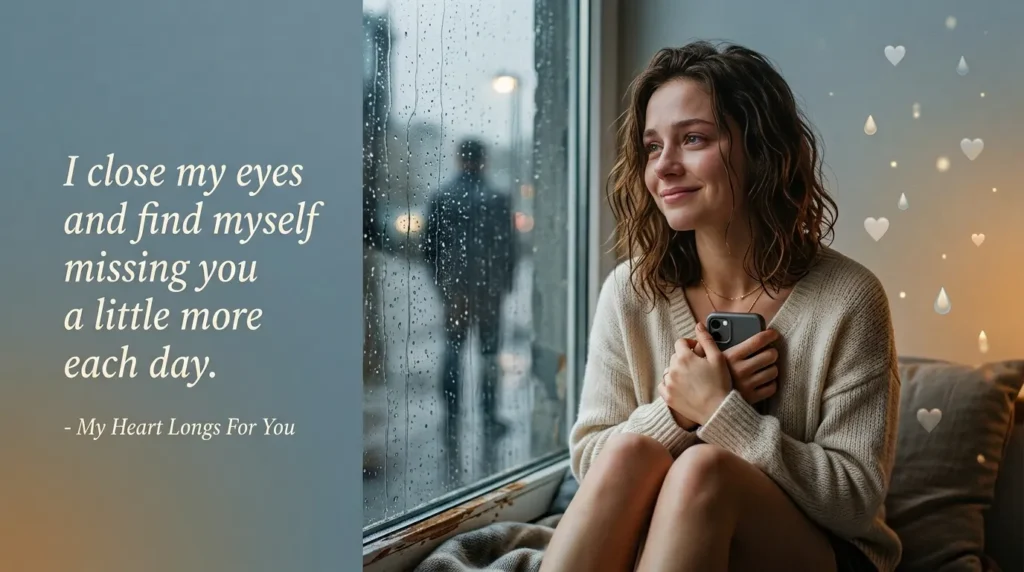 Woman gazing longingly at phone reading missing you emoji messages her