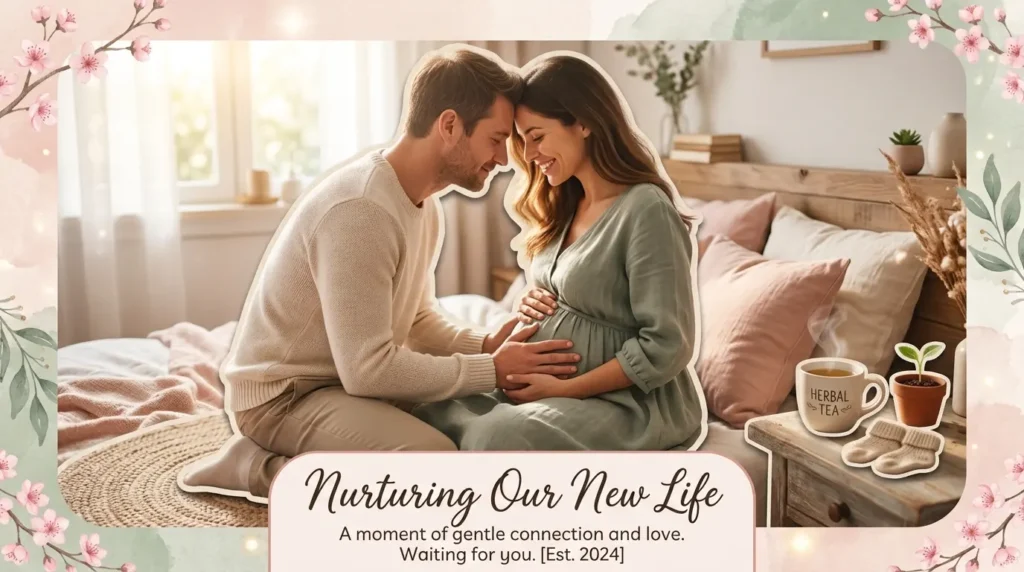 Husband tenderly touches pregnant wife's belly in a soft morning embrace