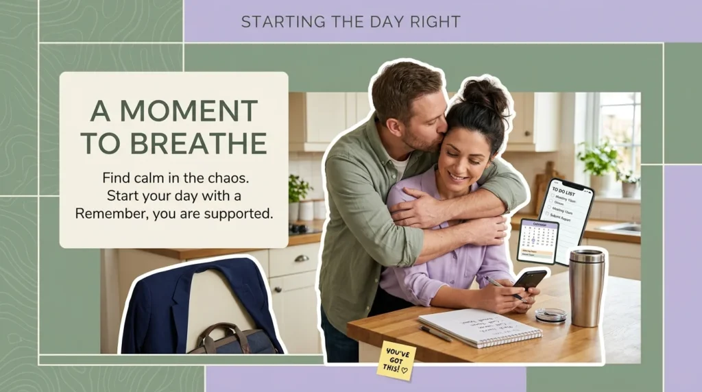 Husband embraces stressed wife from behind, offering comfort before her hectic morning