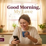 Wife smiling warmly reading sweet morning messages for wife over coffee in sunlit kitchen.