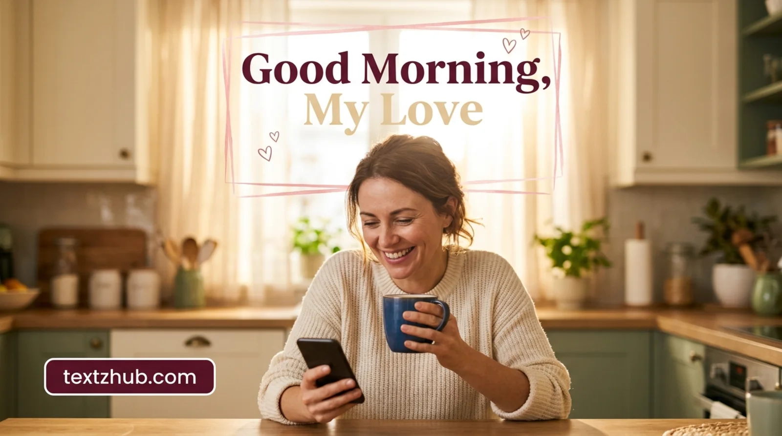 Wife smiling warmly reading sweet morning messages for wife over coffee in sunlit kitchen.