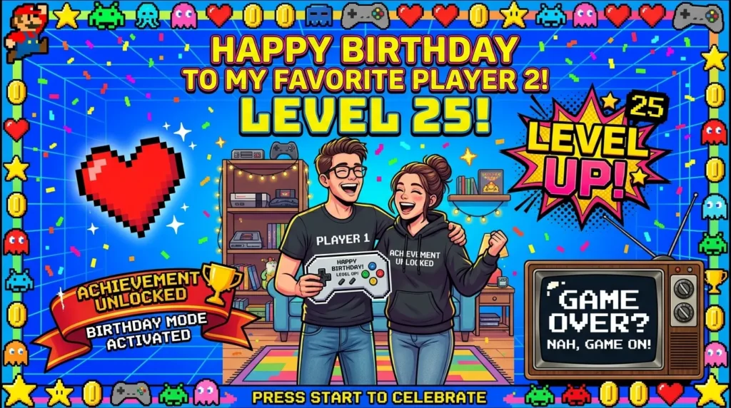 Gamer-style birthday card representing pop-culture and meme-style funny birthday messages.