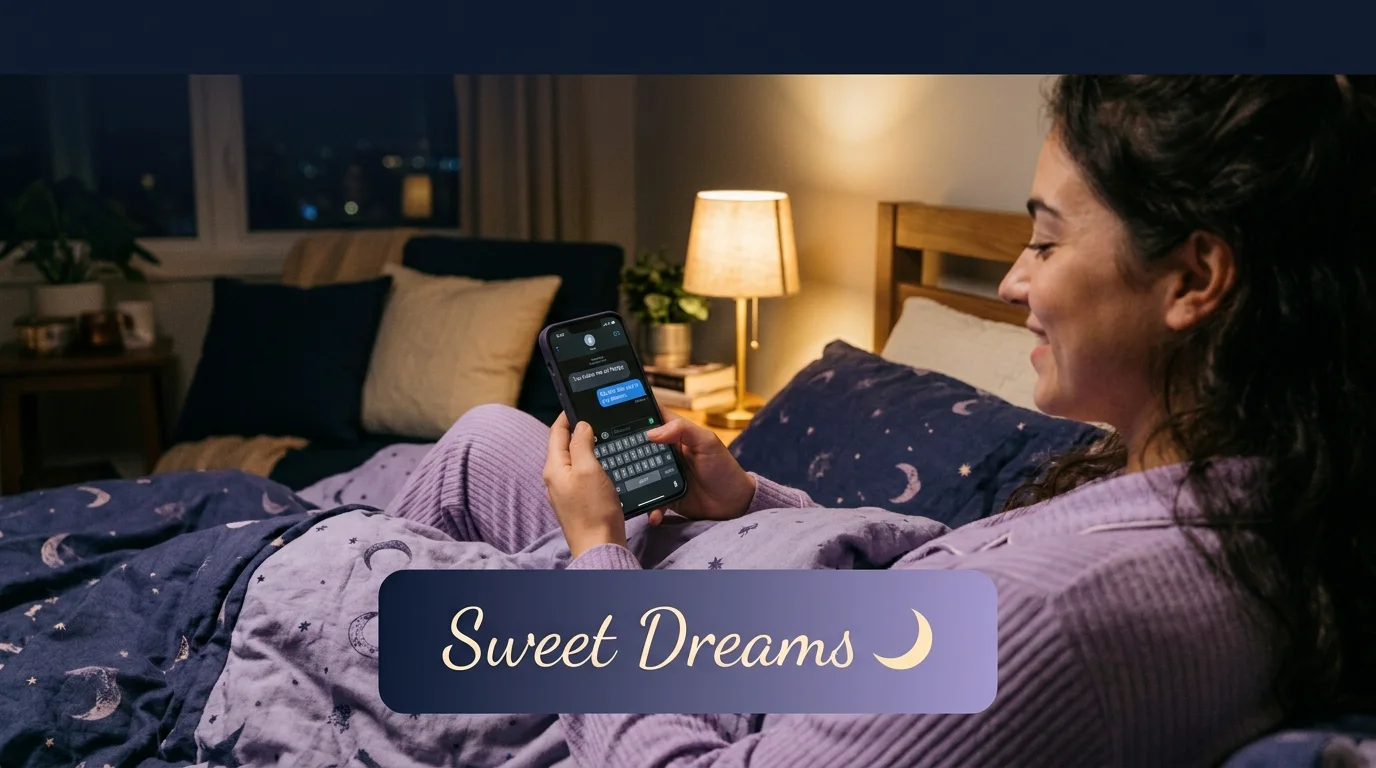 Woman reading cute goodnight message on phone in cozy bed