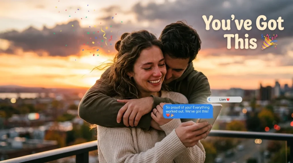 Comforting embrace while reading cute messages to fix a bad day