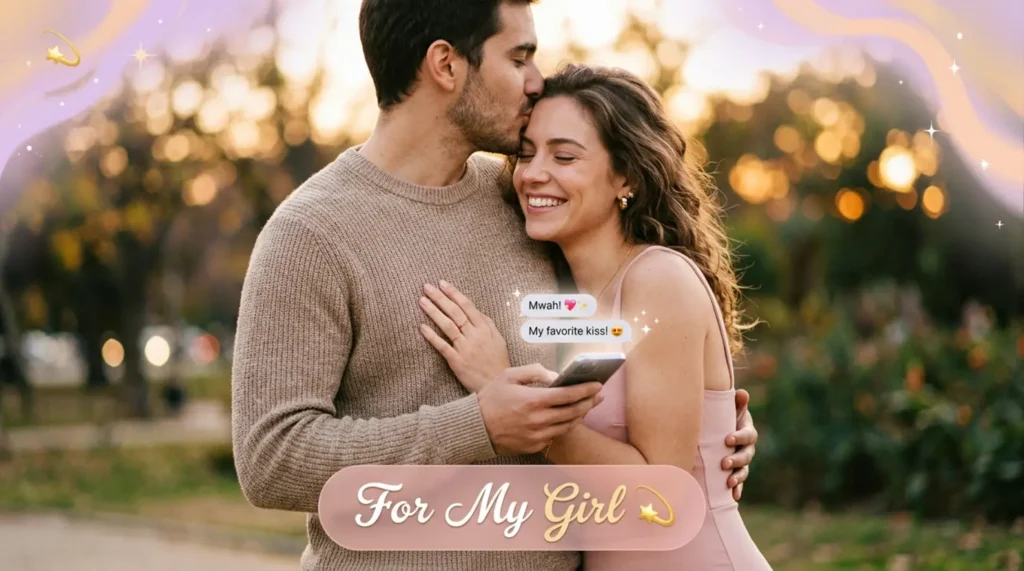 Boyfriend kissing girlfriend's forehead while sending cute romantic messages
