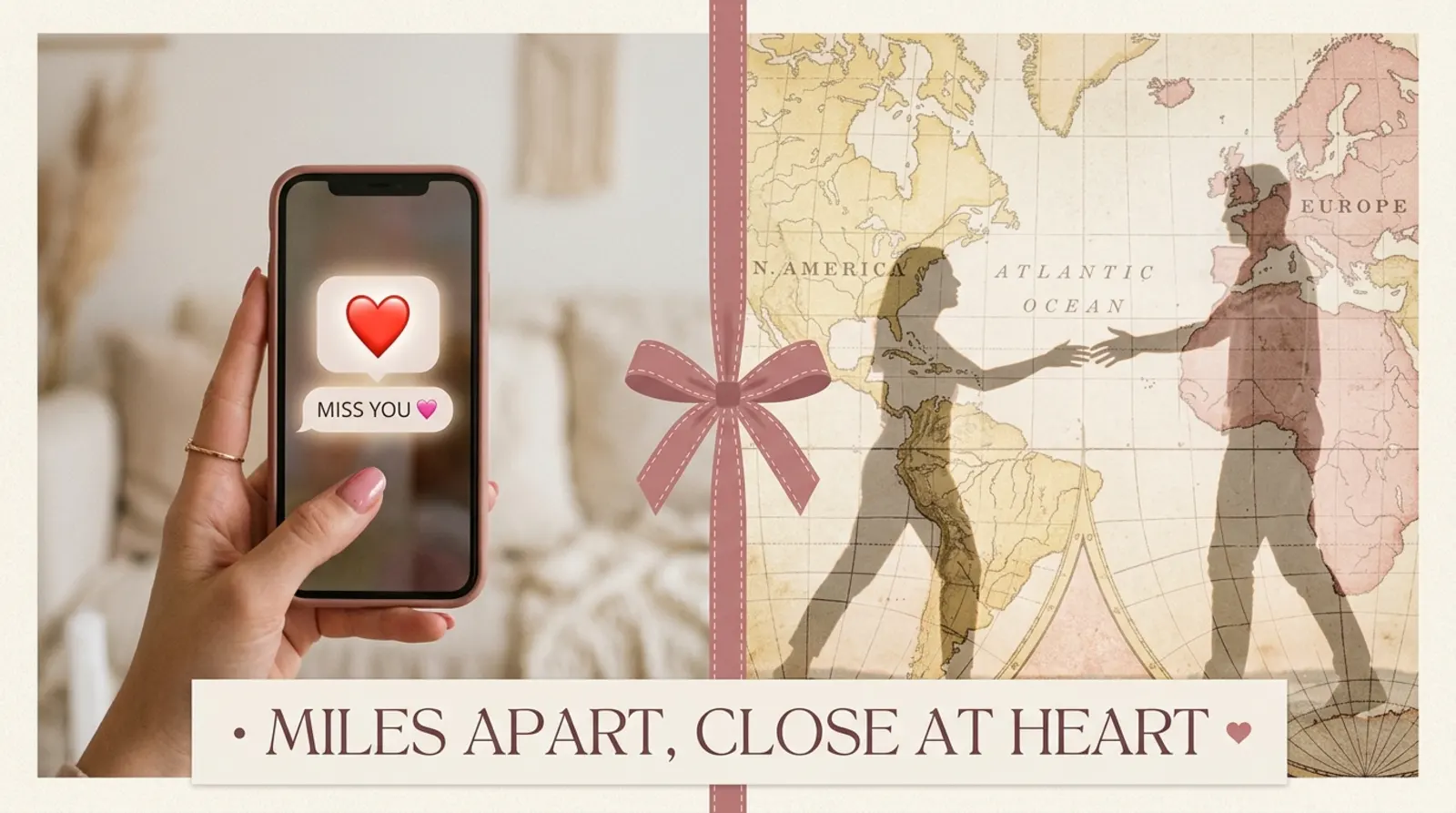 Split image showing long distance couple connected through cute texts