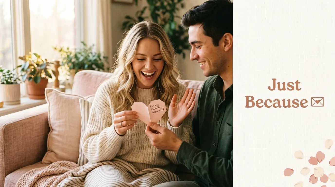 Couple laughing while sharing random just because cute messages together warmly