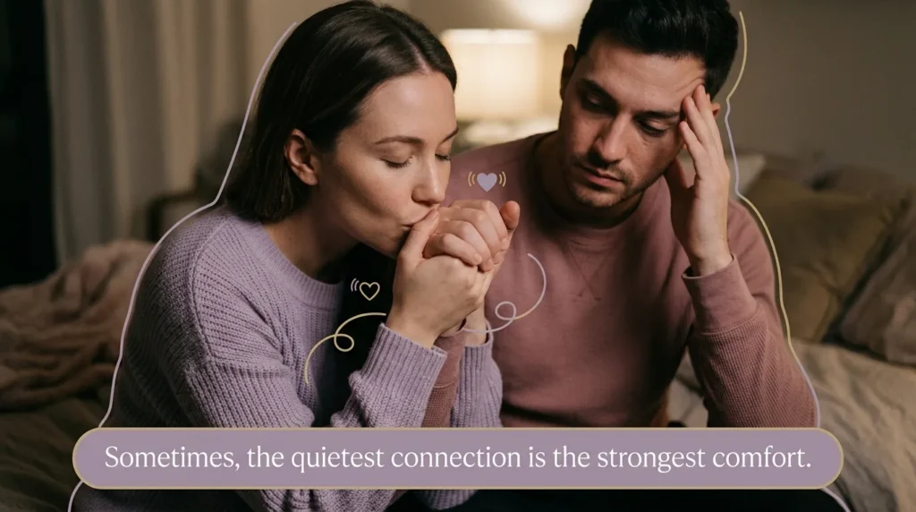 A tender close-up photo cut-out of a woman holding her boyfriend's hand with both of hers, pressing it gently to her lips, his other hand resting on his temple as if calming racing thoughts, soft dim room lighting suggesting late-night comfort. Muted lavender, dusty rose, and warm taupe color palette for a calming, grounding feel. Small breathing-heart and calming line-swirl icon accents. Bottom rounded text box with a soft lavender-gold border for the message. Composition is soothing, intimate, and quietly hot with emotional closeness.
