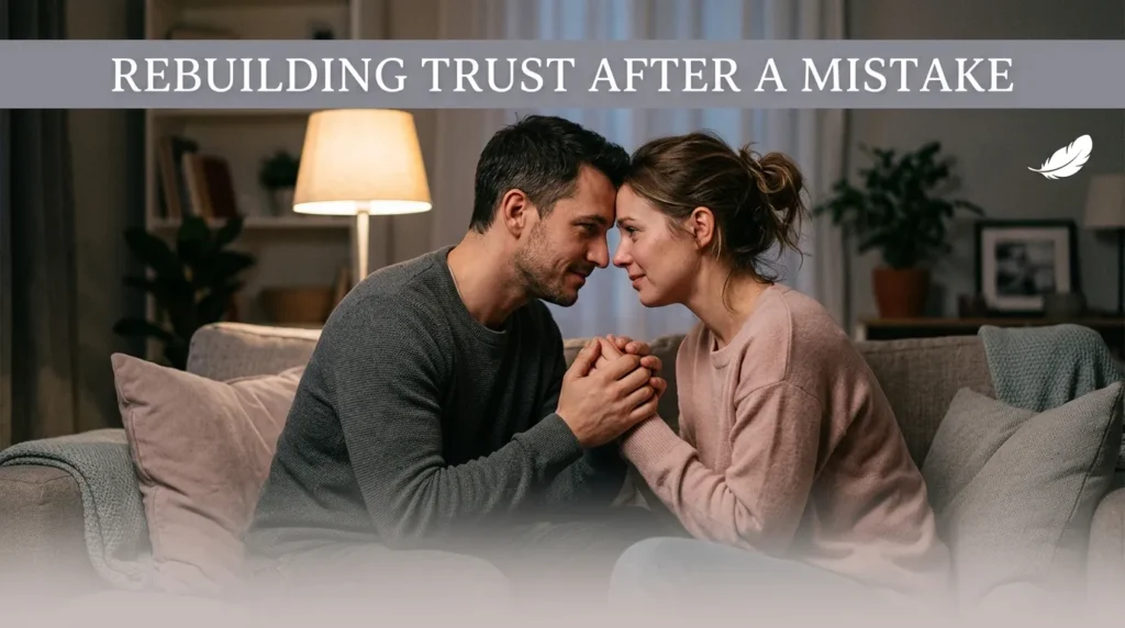 Couple reconciling gently symbolizing rebuilding trust after a mistake together
