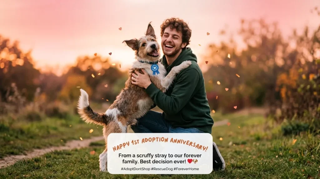 Man joyfully hugging rescue dog outdoors, heartfelt rescue pet birthday caption
