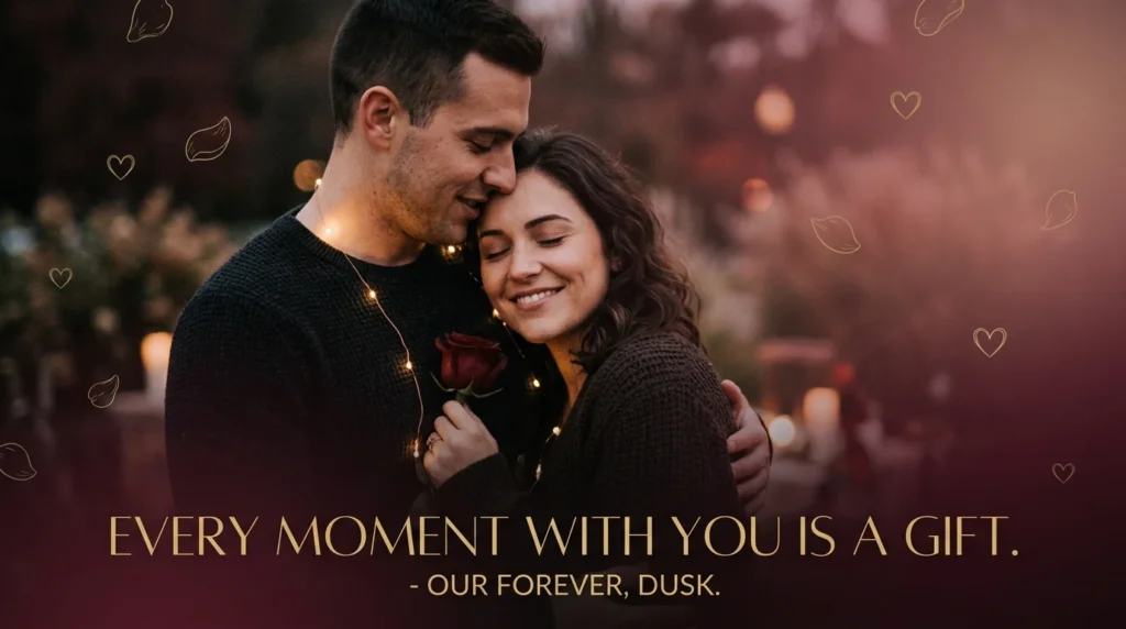 Couple embracing closely with rose, illustrating romantic emoji messages for her