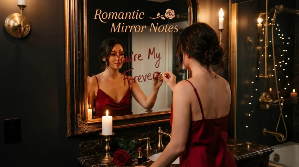 Woman writes romantic mirror message for boyfriend beside candle and rose
