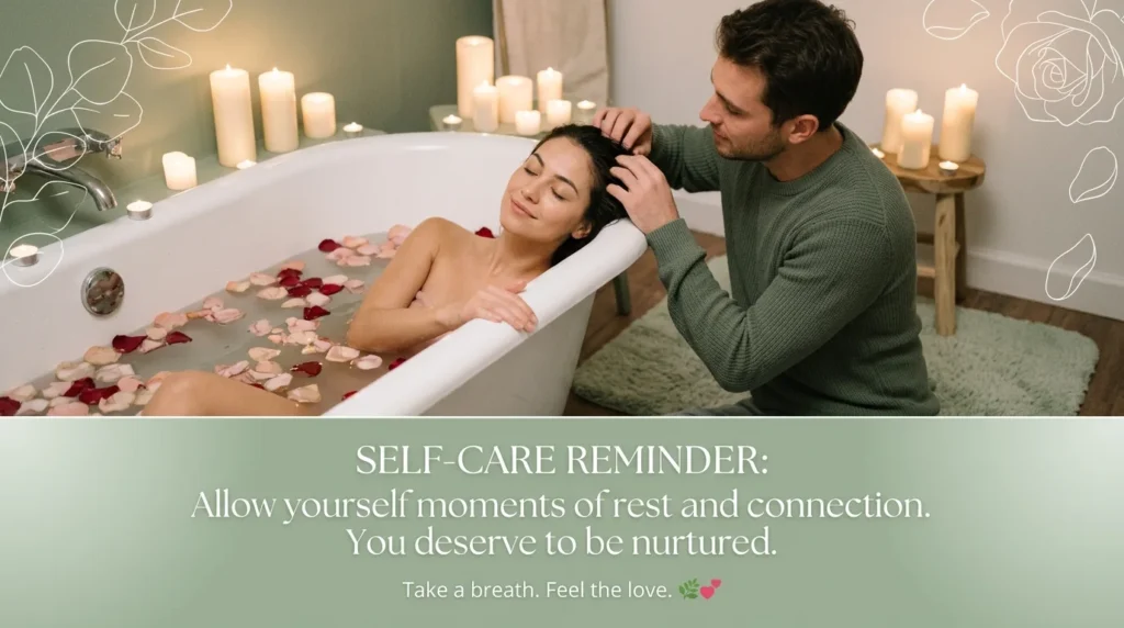 Man tenderly caring for woman in bath, self-care reminder messages for her