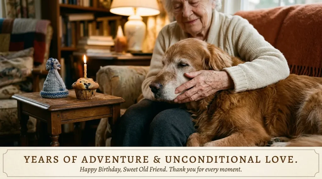Elderly hands cradling graying senior dog's face, heartfelt birthday caption