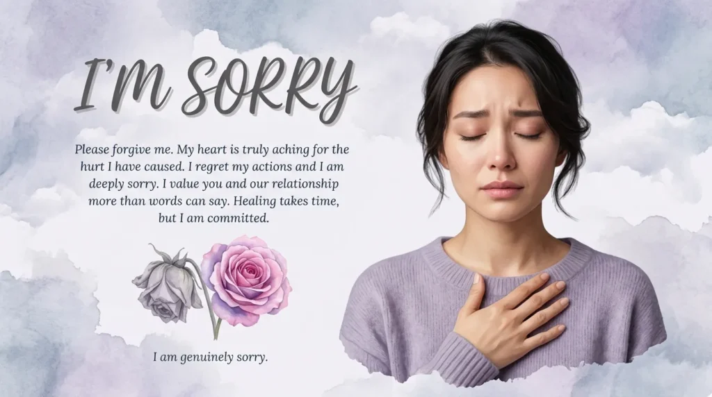 Woman holding heart expressing sorrow for sincere apology message