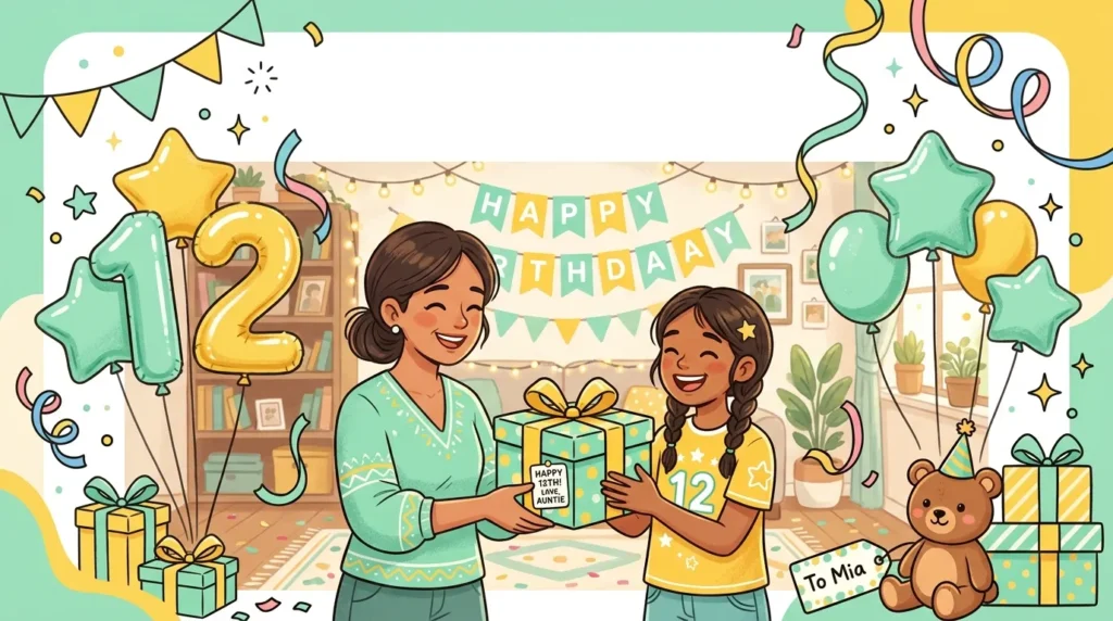 Aunt or uncle giving a gift to a smiling child, illustrating sweet 12th birthday wishes for a niece or nephew.