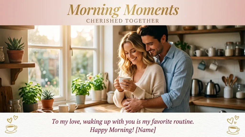 Couple embracing warmly in kitchen, sweet everyday care messages for her