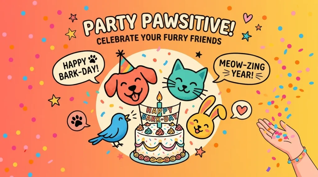 Sweet and funny birthday messages for any pet shown with playful cake illustration.
