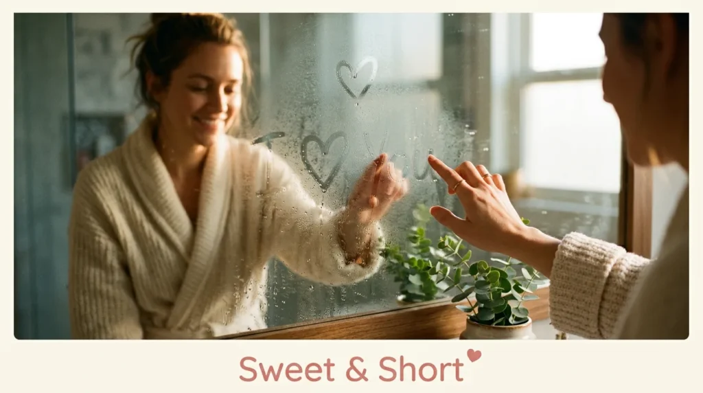 Hand writing sweet short mirror message for boyfriend on foggy glass