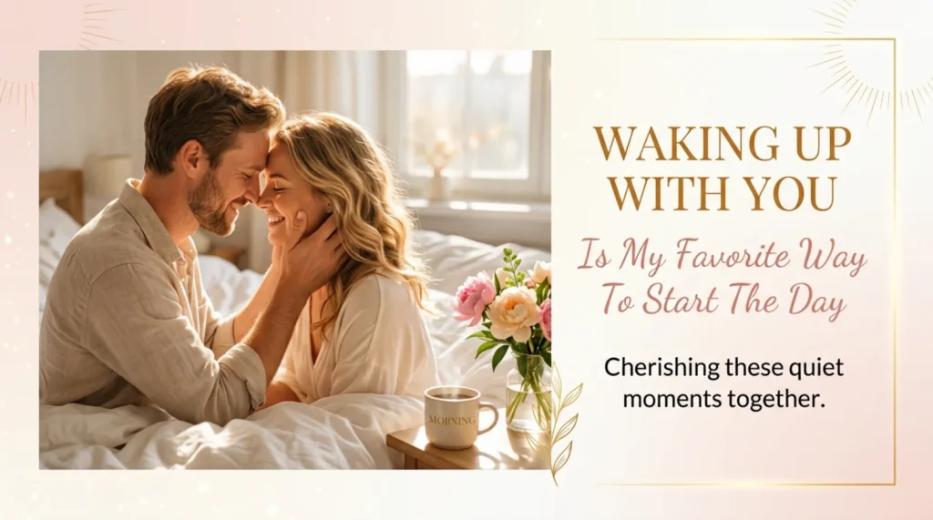Husband gently cradles wife's face during a warm, romantic sunrise morning
