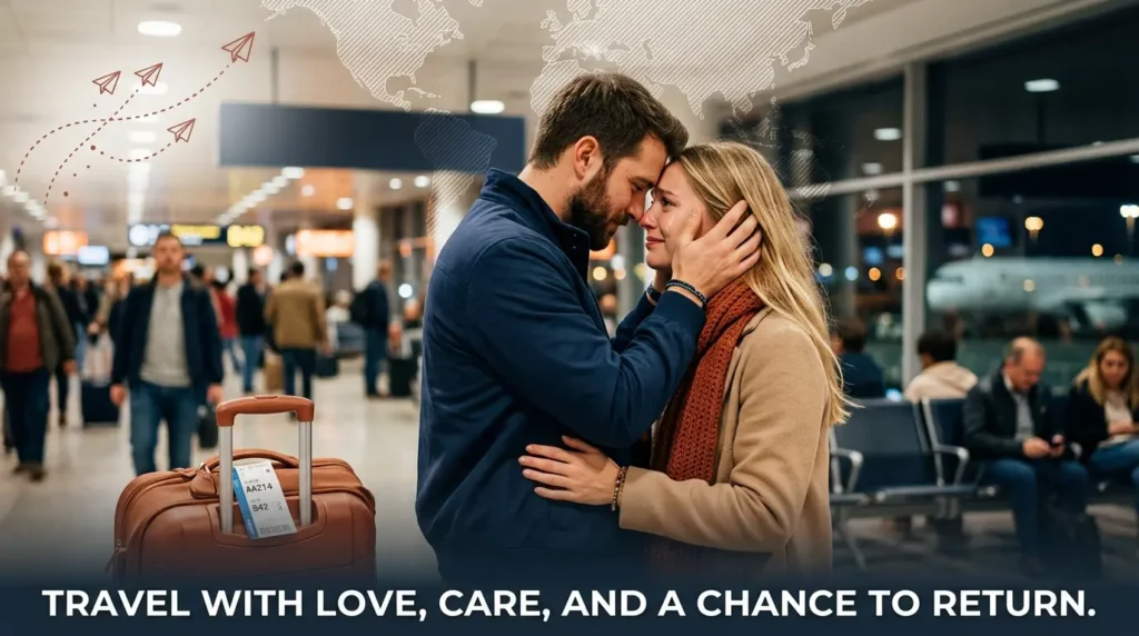 Couple embracing at airport gate, take care messages for her traveling