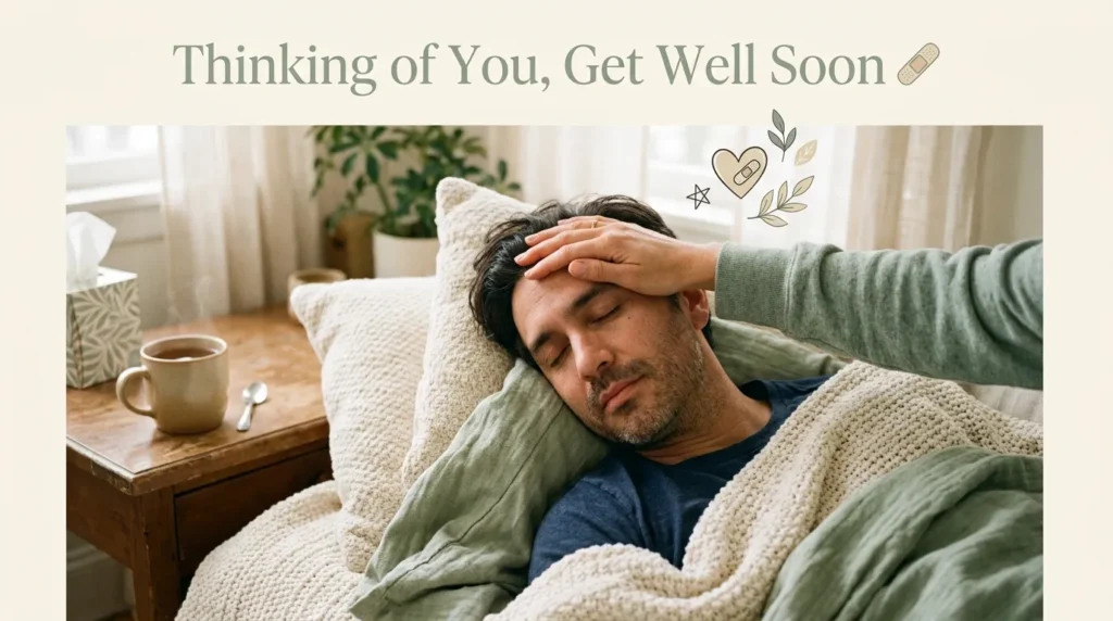 Woman comforting sick boyfriend with thinking of you message