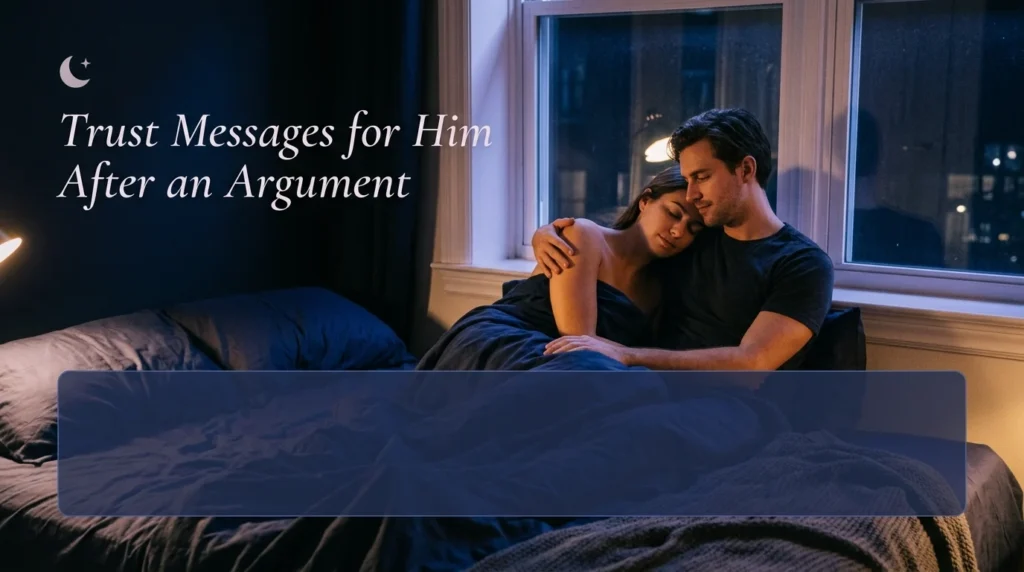Couple reconciling at night showing trust messages after argument