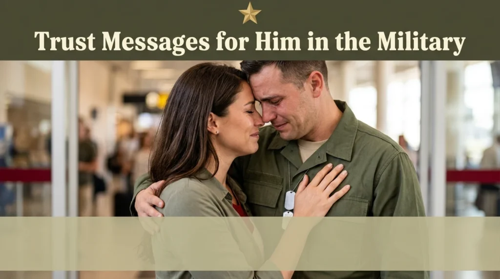 Woman embracing soldier illustrating trust messages for him military