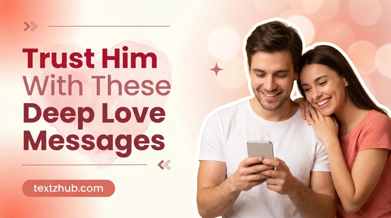 Happy couple reading phone together capturing deep trust messages for him.