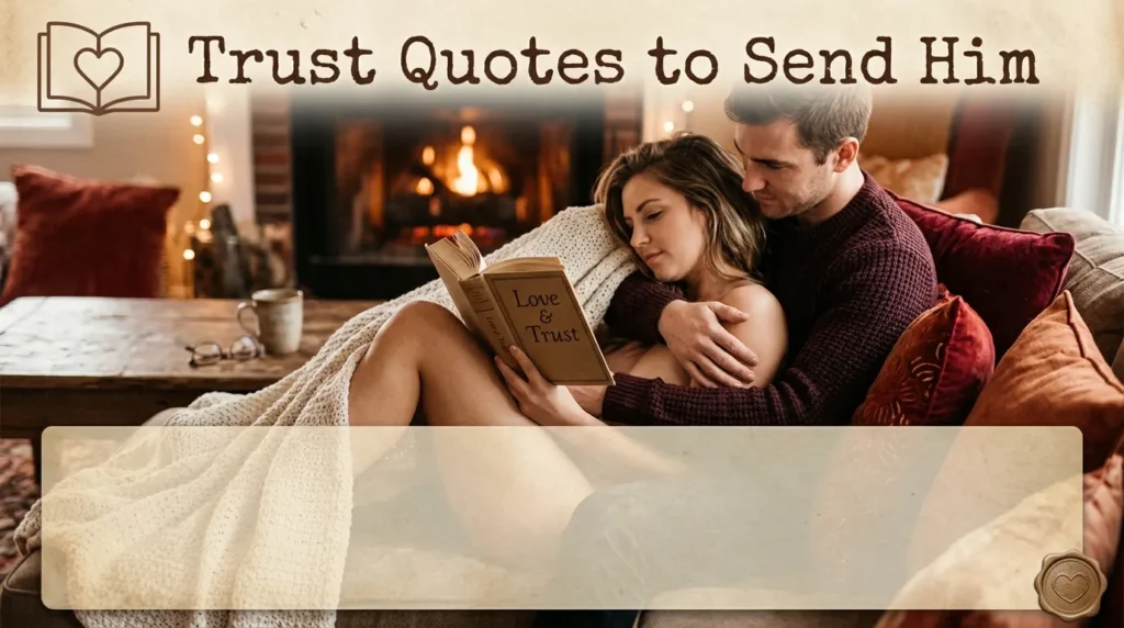 Couple cuddling reading book depicting trust quotes to send him