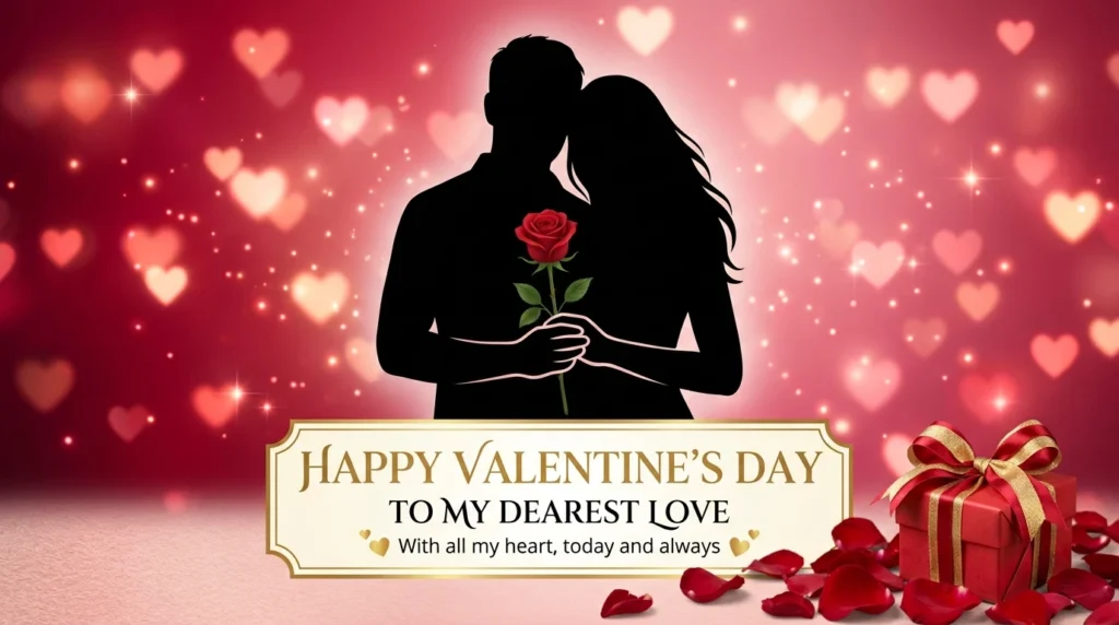 Couple embracing with rose for Valentine's Day card design