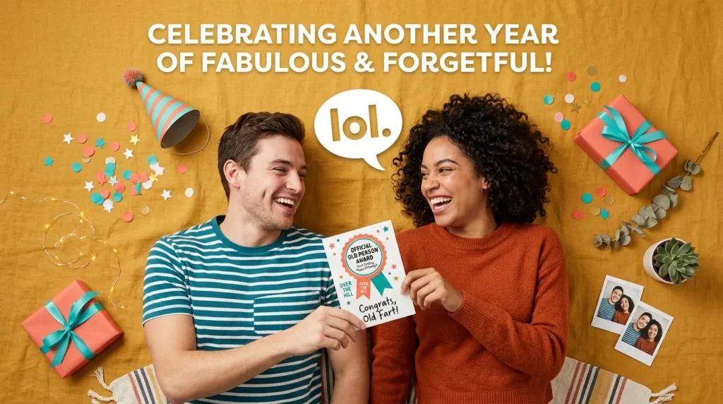 Couple laughing while sharing witty and sarcastic funny birthday messages for boyfriend card.