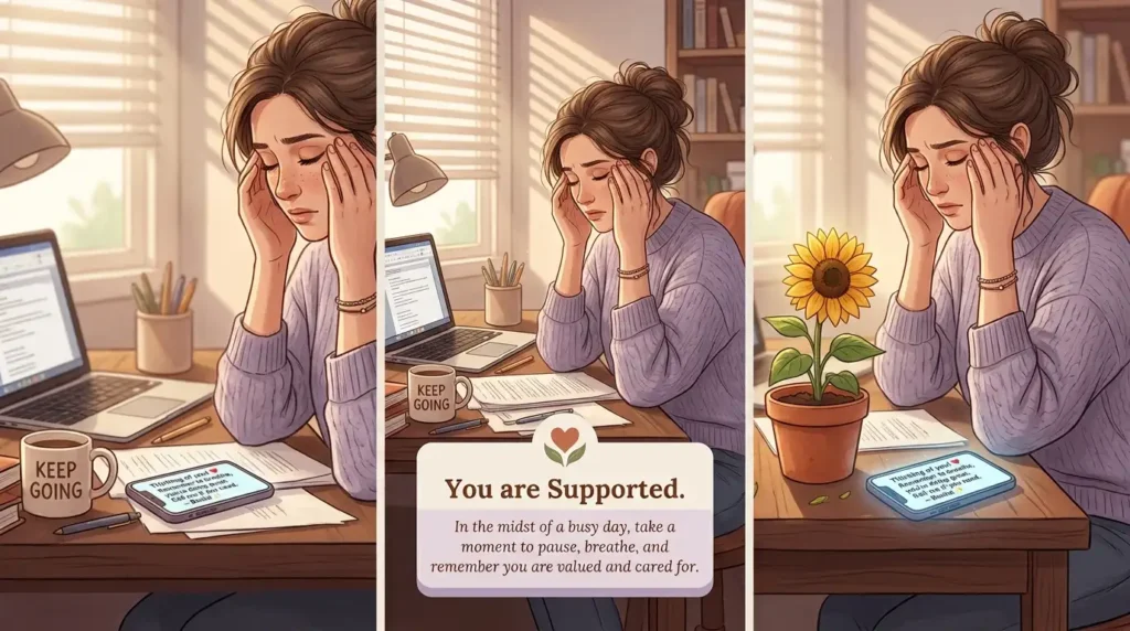 Stressed worker comforted by caring afternoon messages for a stressful workday