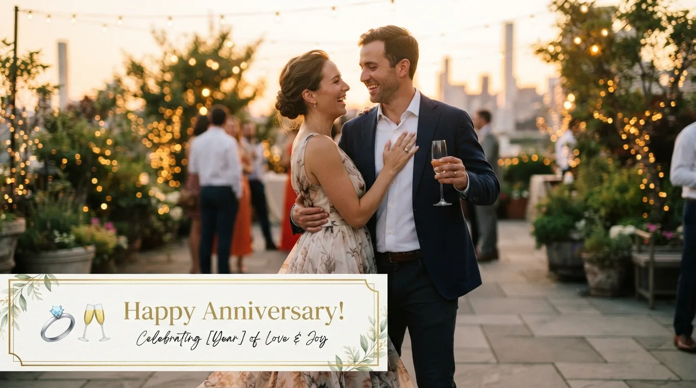 Couple dancing joyfully celebrating anniversary with romantic emoji message card