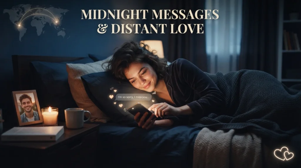 Long-distance apology message for boyfriend with phone and candlelight